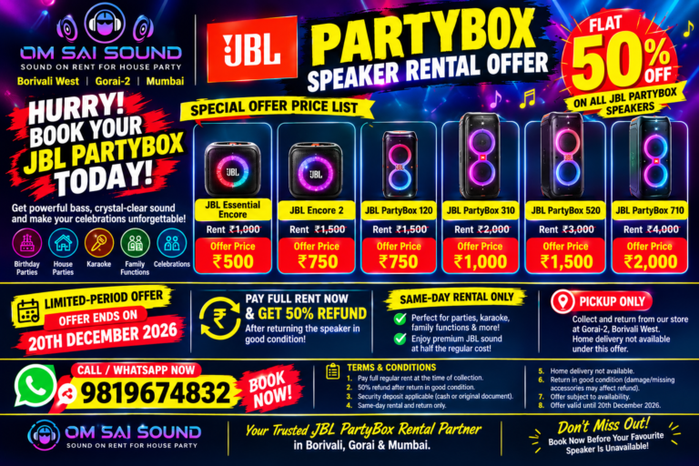 FLAT 50% OFF ON JBL PARTYBOX SPEAKER RENTALS