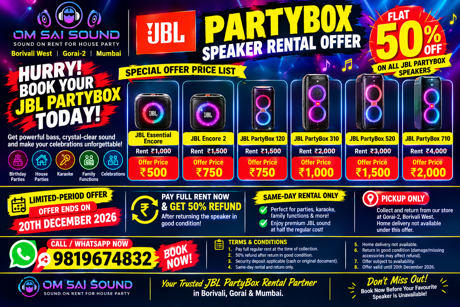 FLAT 50% OFF ON JBL PARTYBOX SPEAKER RENTALS
